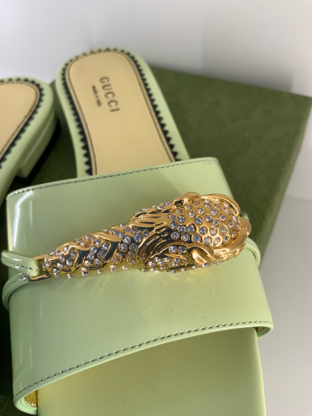 Pre Owned Gucci Sz 6.5 Mint Green Patent Slide Mules with Gold Embellishment - Picture 8 of 8
